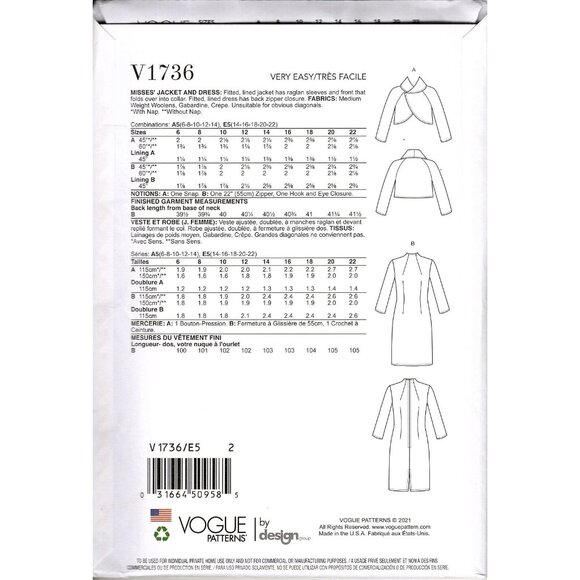 Vogue Patterns V1736 Misses 14 to 22 Jacket and Dress Uncut Sewing Pattern - Picture 2 of 2